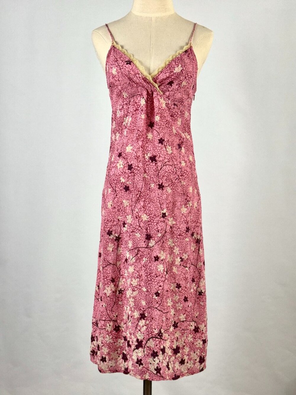 Vtg Y2K Ecote Pink Floral Rayon Babydoll Dress Lace Spaghetti Straps Coquette